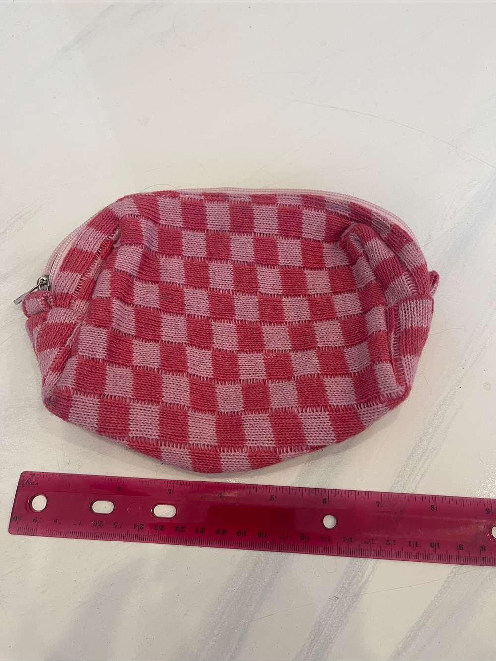 Pink Check Knit Cosmetic Pouch